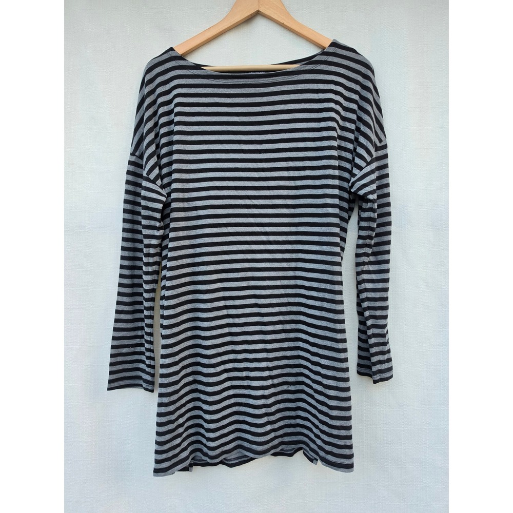 Eileen Fisher Striped Tunic Top Womens M Gray Black Tencel Long Sleeve Boatneck
